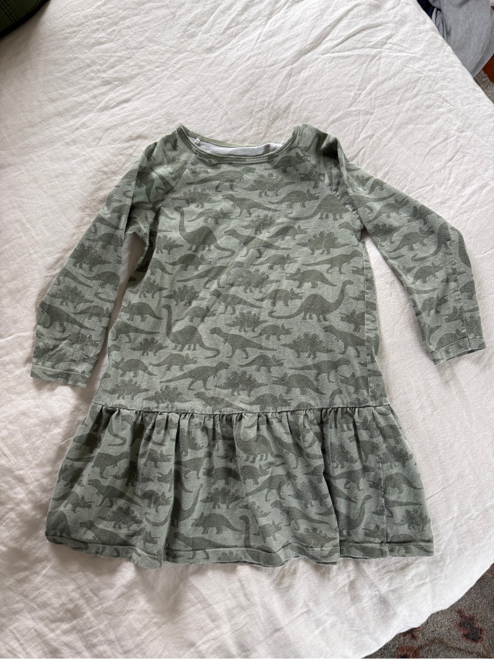 Girls Sage Green Dinosaur Print Long-Sleeve Dress